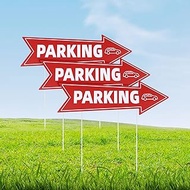 3pcs Directional Parking Sign with Stake, 16x5in Event Parking Signs with Arrows Red & White Corruga