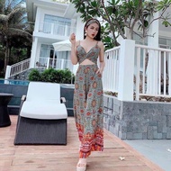 Set brocade halter top + boho slit pants, party travel outfit (real photo)