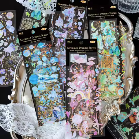 3 Sheets Bronzing PET stickers Dream Unicorn Literary Cats Music Clouds Hand Account DIY Material De