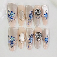 10PCS Long Oval Handemade Press On Nails For Party And Daily Wear,Blue Nail,Lucky Butterfly Advanced