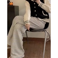 Striped elastic pants 98cm long, straight-leg elastic pants with elastic waist to increase height in