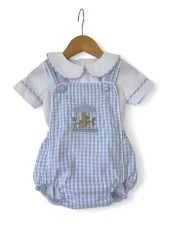 0-6Y Baby Girl Summer Embroidery Light Blue White Outfit Plaid Suit for Birthday Holiday Photography