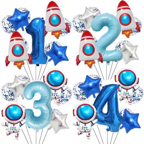 10pcs Space Theme Party Balloon Decor Astronaut Rocket 32inch 0-9th Birthday Number Balloon Set Kid 