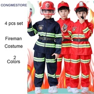 Congme Kid boy girl Fireman Costume Fire Fighter 4pcs Costume Rescue Service Halloween Cosplay Costume Party for Kids/AdultCoatPantBelt Cap