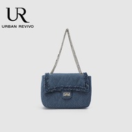 URBAN REVIVO กระเป๋าสะพายข้างห้อยโซ่ขนาดเล็กน้ำหนักเบากระเป๋าทรงถังขนาดเล็กน้ำหนักเบาลายสก๊อตลำลองแบบพกพาแฟชั่น