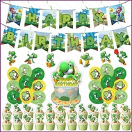 Yoshi Mario theme kids birthday party decorations banner cake topper balloons swirls set supplies