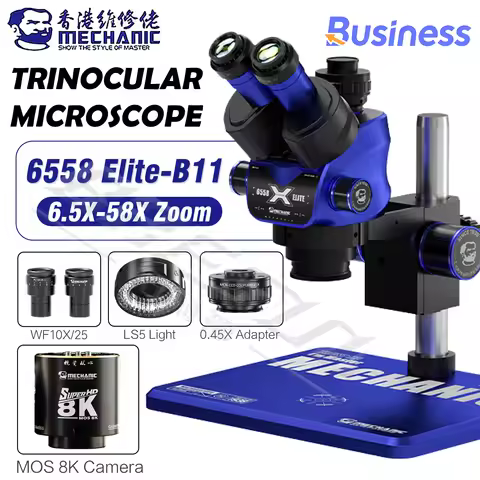 MECHANIC Trinocular Microscope 6558 Elite-B11 6.5-58X Continuous Zoom Stereo Microscope WF10X/25mm E