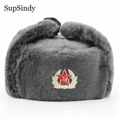 SupSindy Soviet Badge Ushanka Men Winter Bomber Hats CCCP Pilot Faux Rabbit Fur Earflap Army Trapper