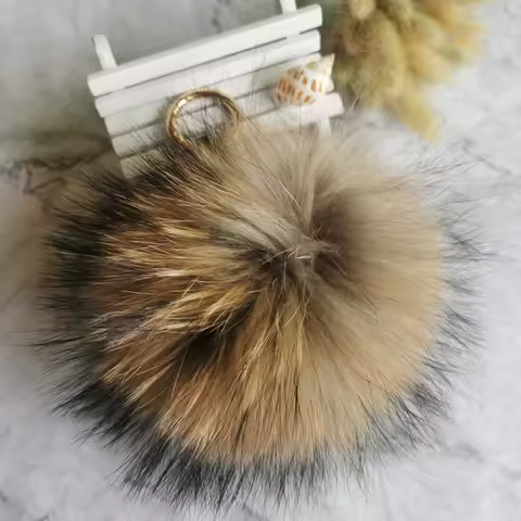 Big Size 15cm Real Fox Fur Ball Keychain Natural Raccon Fur Tassels Leather Strap Key Chain Ring Pen