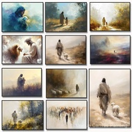 Jesus with Lost Sheep Wall Art, Jesus Leaves The 99 Poster Print Christian for Living Room Religion 
