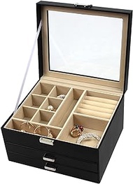 Jwinkumy Jewelry Box for Rings Earrings Necklace Bracelets StorageJewelry Boxes for Women&amp;Girls as Gifts，Large Capacity with Glass Lid， 3-Tier with 2 Drawers（Black）
