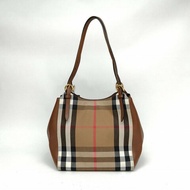 Burberry 棕色牛皮帆布金扣格紋水桶單肩購物袋肩背包