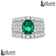 iLove Jewellery 925 Sterling Silver 18K White Gold Plated 1.9ct Oval Green Lab Created Emerald + Cub