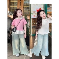 Alo Jean Set, Girls' Long Jeans with Scoop Collar Shirt, Soft Jeans with Cute Shirt for Children fro