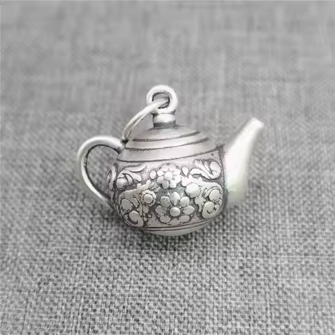 990 Fine Silver Flower Chinese Teapot Charm 3D Spiral Pendant for Bracelet Necklace LIGHT WEIGHT