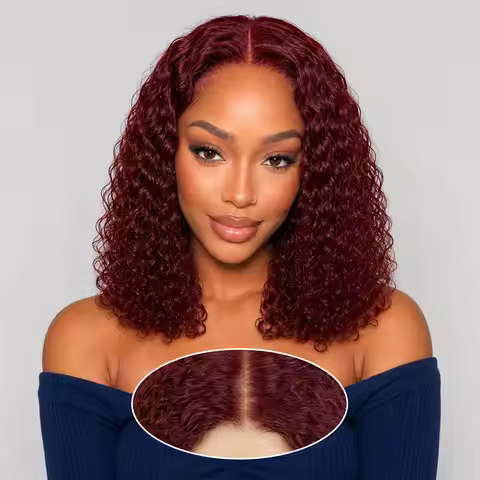 250% Density 99j Burgundy Color Deep Curly Bob Wig Human Hair 13x4 Lace Front Human Hair Wigs Pre Pl