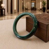 Burmese Jade Bracelet Monkey Belly Shape Green With Gray Spots Natural Pattern Inner Ring Size (61.9