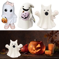【Ilisland】Cute Pumpkin Halloween Ghost Statue Bow Cat Spooky Figurine Resin Crafts Tabletop Decorati