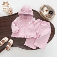 COCANDY baby Set - PINK fleece jacket with rabbit charm and PINK felt pants with diagonal braces E09