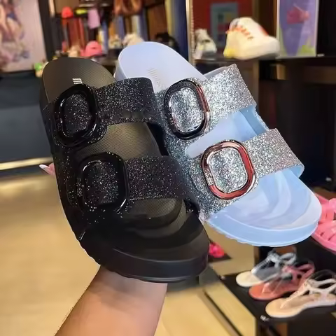 2024 New Melissa Women's Casual Jelly Shoes Thick Sole Wide Face Double Buckle Sequinized Sandals EV