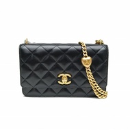 CHANEL CF24Pwoc黑色羊皮晶片開金扣愛心金球肩帶