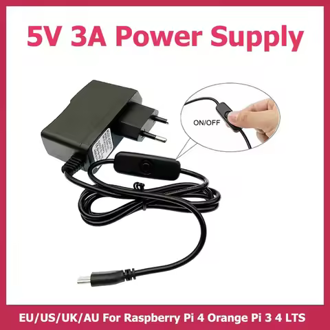 Raspberry Pi 4 Power Supply 5V 3A Power Adapter EU US UK US USB Type C USB Cable with ON/OFF Switch 