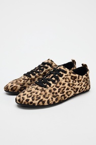 ZARAˉ imported 2024 Autumn New Leopard Print Retro Round Toe Lace-up Low Flat Shoes Fashion Temperam