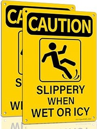DAGUI 2-Pack Caution Wet Signs - 10 × 7 Inch Rust-Free .040 Aluminum Metal Signage with "SLIPPERY WH