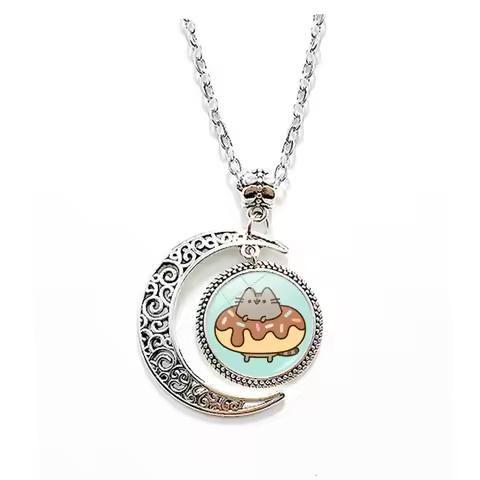 Cartoon Pusheen Moon Rotating Necklace Cute Pusheen Hanging Keychain Pendant Charms Fans Birthday Gi