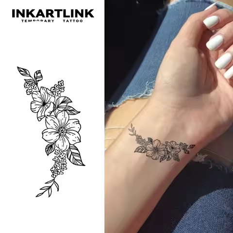 INKARTLINK Minimalist Flower Tattoo Patch 1-2 Weeks Long lasting Hand drawn Line Design Waterproof T