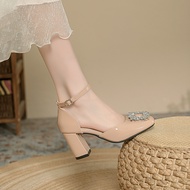 Square Toe Thick Heel High Heels - New Style Square Buckle Rhinestone Sandals (Sizes 34-44)