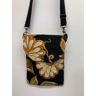 Japanese Style Flower Brocade Canvas Crossbody Mobile Phone Bag Black Background Large Flower Handma