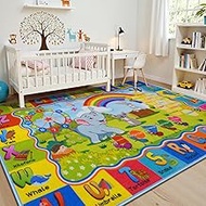 STARUIA Kids ABC Rug for Playroom, Non-Slip 5.3x6.6 Alphabet Animal Shapes Rug, Washable Educational