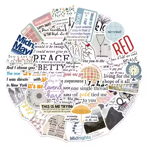 52Pcs Taylor Album Lyrics Title Graffiti Stickers Set Waterproof Vinyl Decals for Water Bottle Lugga