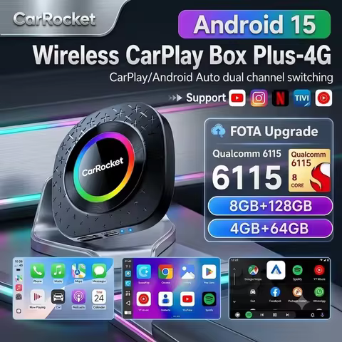 CarRocket CarPlay Ai Box Android 15 6115 Android Auto Wireless CarPlay Built-in Youtube Netflix Plug