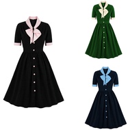 Women Vintage Bow Solid Dress Retro Rockabilly Elegant Cocktail Party 1950s 40s Swing Dress Summer D