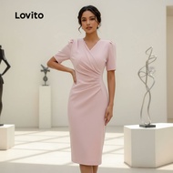 (trendy6)Lovito Women Casual Dress Plain Ruched Summer/Spring Dress L133ED1154 Lovito Pakaian Kasual