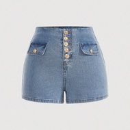 Plus Size Distressed Denim Shorts, Casual Stretchy Skinny Pants With Button Closure, Blue Summer Vac