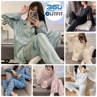 2 in 1 Set Satin Long Sleeve Pyjamas Women Sleepwear Silk Pajamas Lengan Panjang Baju Tidur Perempua