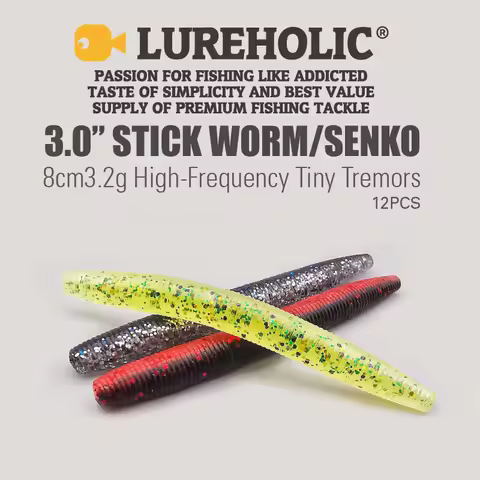 LUREHOLIC 3.0” Stick Worm Senko 12PCS 8cm 3.2g High-Frequency Tiny Tremors Wacky Drop Shot Soft Lure