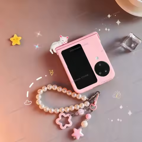 Ins Classic Cute 3D Kitten Star Pendant Pearl Bracelet Chain Phone Case for OPPO Find N2 FliP Find N