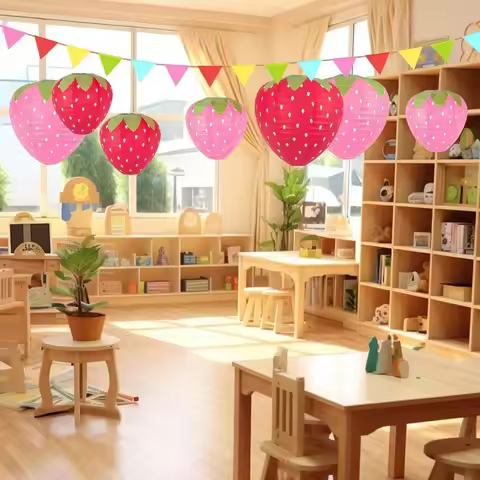 3PCS Pink Red Color 3D Strawberry Lantern 3D Design Handheld Type Paper Lantern Hanging Pendant Stra