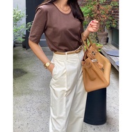 Elborn doris Basic All-Match Round Neck Slimmer Look Genuine Shoulder Exquisite Solid Color Low Neck