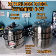 Stainless Steel Steamer Pot Cooking Pot 3 Layer 28 32 36 40cm (Periuk Kukus 3 Tingkat 28 32 36 40cm)