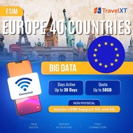 TravelXT Europe eSIM – 40 Countries Big Data & Unlimited Plan | 4G/5G Roaming | eSIM UK, Germany, Tu