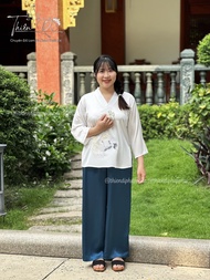 Đồ lam đi chùa nữ chất vải lụa thêu hạc Thiên Di - Pháp phục đi chùa nữ cao cấp dành cho phật tử D05