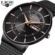 LIGE นาฬิกาผู้ชาย​ นาฬิกาวันที่บางพิเศษตาข่ายสายเหล็กนาฬิกาควอตซ์แบบสบาย ๆ กีฬานาฬิกาผู้หญิงกันน้ำ + กล่อง