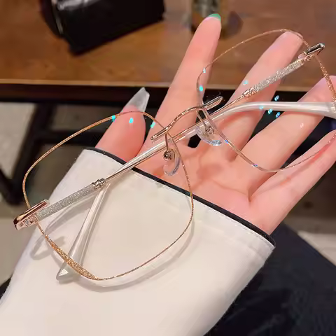 Women's Large Frame Myopia Glasses Prescription Eye Glasses Anti Blue Light Myopia Rimless Glasses