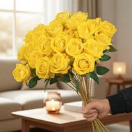 Mother’s Day Faux Roses, 7pcs Yellow Artificial Blooms for Wedding Bouquets & Arrangements