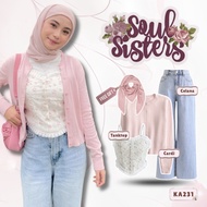 Vintage Outfit Set [Floral Tank Top + Cardigan + Loose Pants + Hijab] Korean Coquette KA240